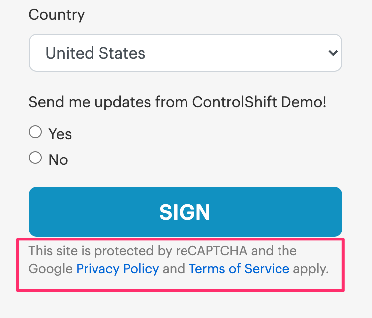 The google recaptcha disclaimer is shown below the sign button on a signature page